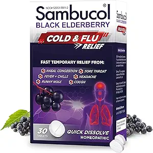 Sambucol Cold and Flu Relief Tablets - Homøopatisk Cold Medicine, Remedy til voksne, Black Elderberry til Colds, Zink Remedy - 30 Greve