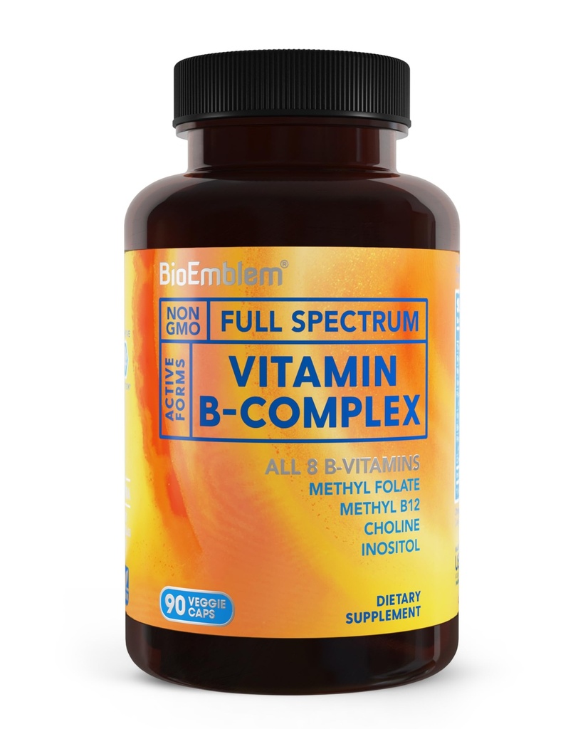 Bioemblem vitamin B- Complex - Alle 8 aktive formularer med methylfolat, methyl B12, B6, biotin Plus choline Inositol, understøtter energi, Metabolisme, hjerne, hjerte sundhed - B vitamin supplement 90 kapsler