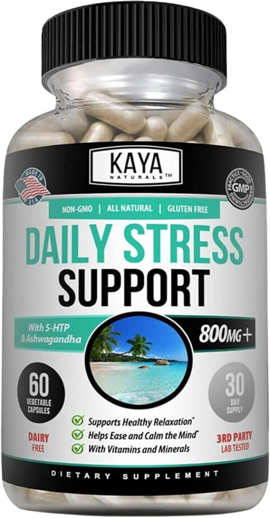 Kaya Naturals - Natural Herbal Stress Support Vitamin supplement til at slappe af og berolige sindet - Boost Mood - Happy Pills - Stress Relief Support - Vitamin supplement - 60 kapsler