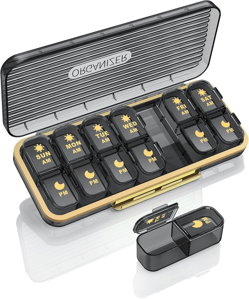 Pill Organizer 2 gange om dagen, 7 dag Am Pm Pill Box - Acedada Weekly Pill Organizer to gange om dagen, Portable Aftagelige Daglig medicin Container Dispenser sag for Vitamin Fish Oil Supplement, Sort Grå