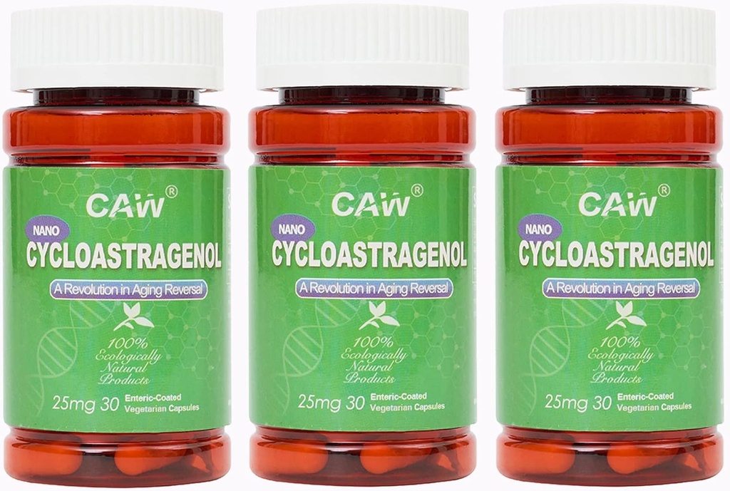 CAW Nano Cycloastagenol 98% 25mg 30 Caps Note 124; Telomerase Aktivering DNA Reparer 124; Immunitet Boost Bedre Absorption 124; Englic- Coated Vegetar Kapsler (3 flasker)