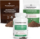 Real Champignons Hot Chocolate Mix (15srv), 5 Defenders Extract Powder (45srv), & 5 Defenders Supplements (90ct) Bundle to Support Immunity & Total Wellbeing - Gluten- Free, Non- GMO, Vegan