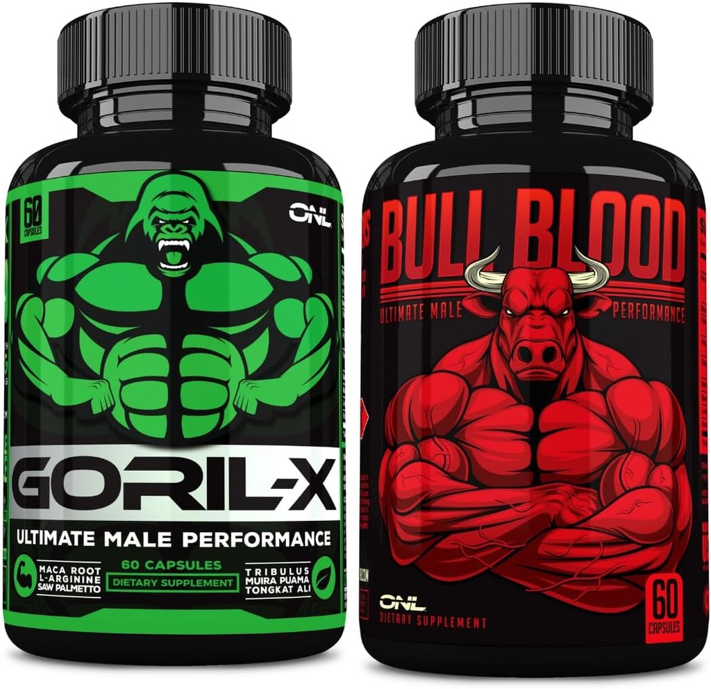 ONL Mænds Testosteron Booster Bundle - GORILL- X & Bull Blood Note 124; Forbedre styrke, Stamina & Energy Note 124; med Horny Goat Weed, Maca, Tongkat Ali, Tribulus - 120 Kapsler
