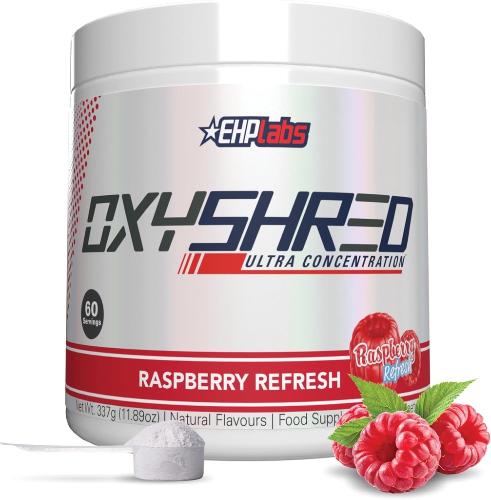 EHP Labs OxyShred Pre Workout Powder - Preworkout Powder med L Glutamin & Acetyl L Carnitin, Energy Boost Drink - Raspberry Refresh, 60 Servering