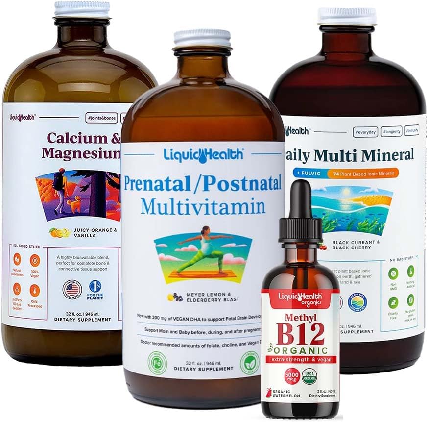 LIQUIDSUNDHED Kvindernes sundhed & Vitality Daglig Flydende Multivitamin Bundle med Prenatal / Postnatal Multivitamin, Calcium & Magnesium, Daglig Multi Mineral, & Organic Vitamin B12 Drops - USA Made, Non- GMO