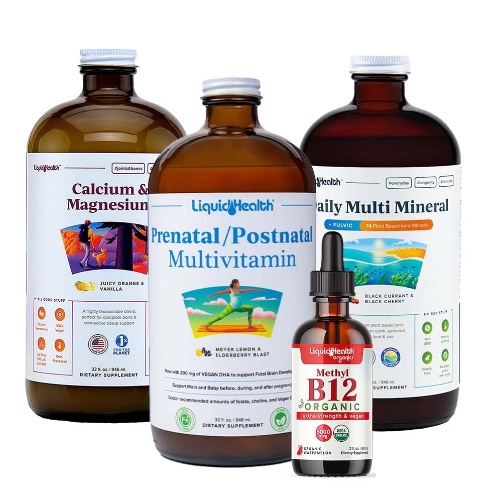 LIQUIDSUNDHED Kvindernes sundhed & Vitality Daglig Flydende Multivitamin Bundle med Prenatal / Postnatal Multivitamin, Calcium & Magnesium, Daglig Multi Mineral, & Organic Vitamin B12 Drops - USA Made, Non- GMO