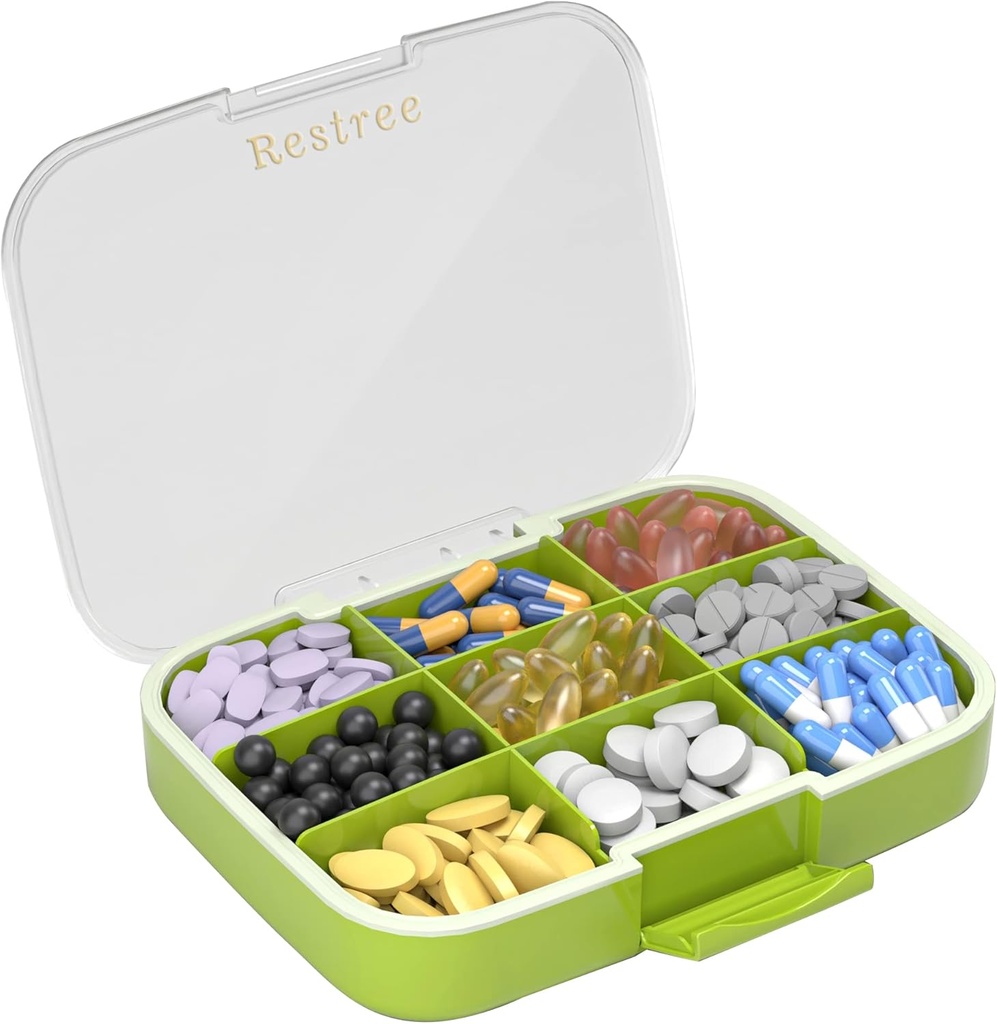Restree Stor Pill Organizer, Fugt Bevis & Vandtæt rejse Pill sag, Portable Medicin Box med justerbar Dividers for Vitaminer Kosttilskud Fish Oil og daglige piller 9 kompartmenter (grøn)