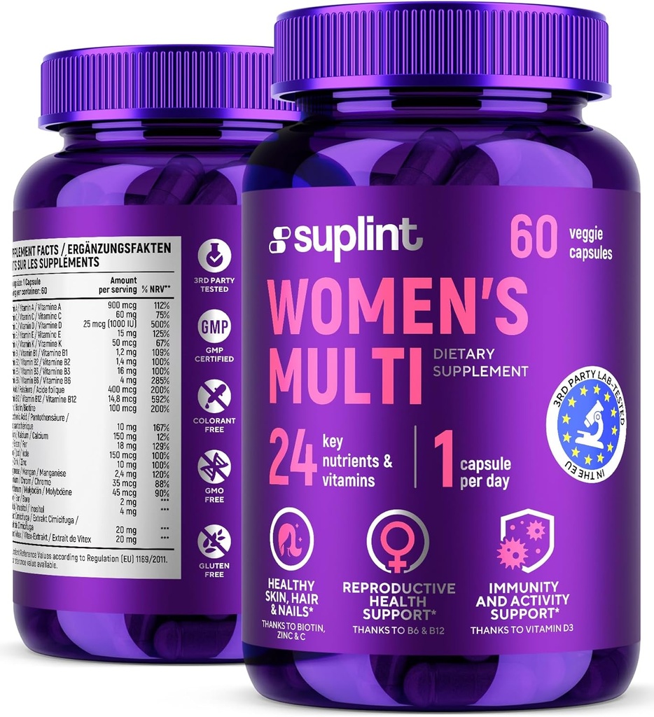Multivitamin supplement til kvinder; Komplet kompleks med vitamin A, C, D, E, B12, Zink & mere; Hår, hud & nail skønhed Vitaminer; 124; Reproduktiv, Aktivitet & immunforsvar Supplement 124; 60 kapsler