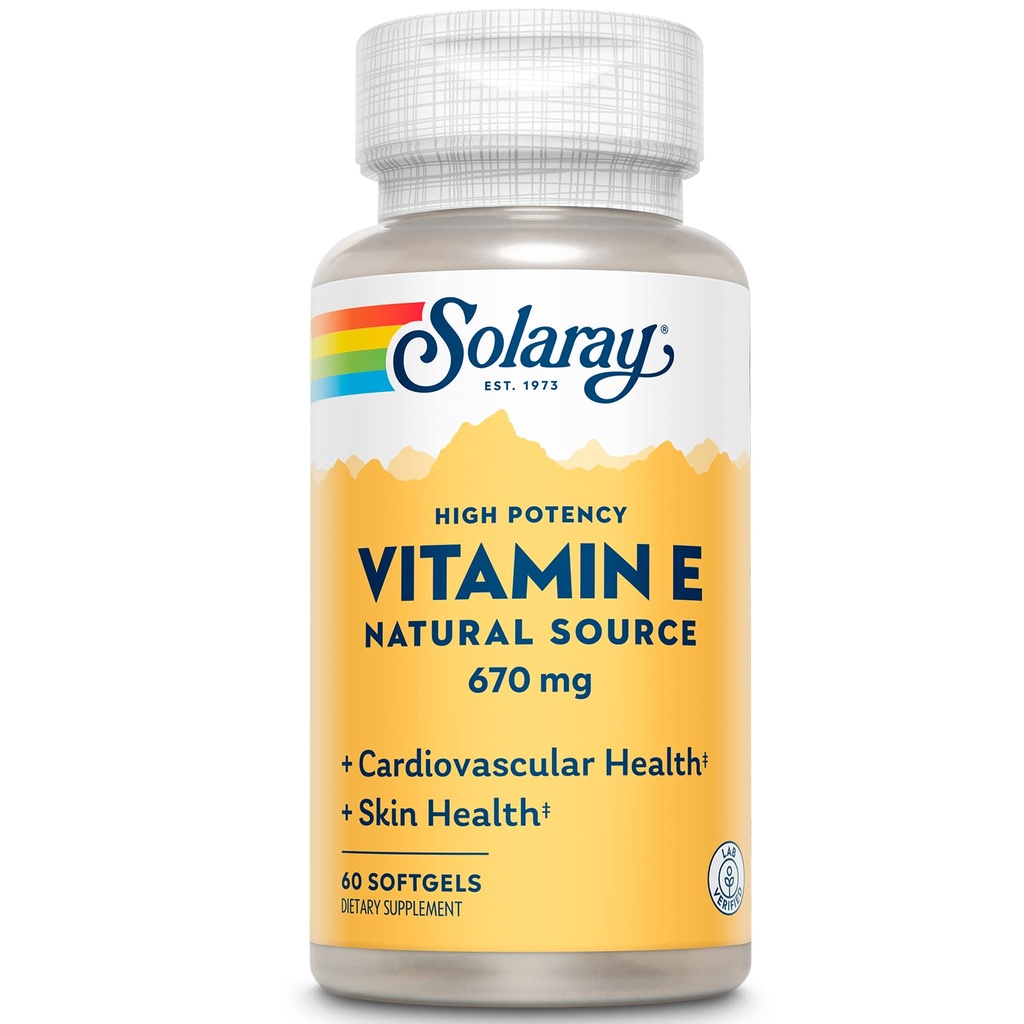 SOLARAY vitamin E 1000 IE Softgel kapsler, 670 mg - d Alpha tocopherol vitamin E kosttilskud - hud sundhed, hjerte funktion og antioxidant support - 60-dag garanti - 60 Servere, 60 Softgels