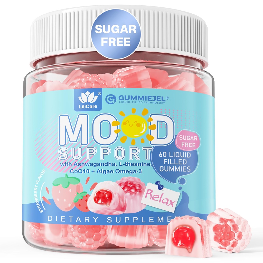 Ashwagandha Safran Calm Gummies + Omega 3, L-Theanine & CoQ10 for kvinder Mænd, Natural Calming Happy Relax Gummies for voksne, Mood Support Gummy, Strawberry Flavor, Sugar Free, Vegan, 60ct
