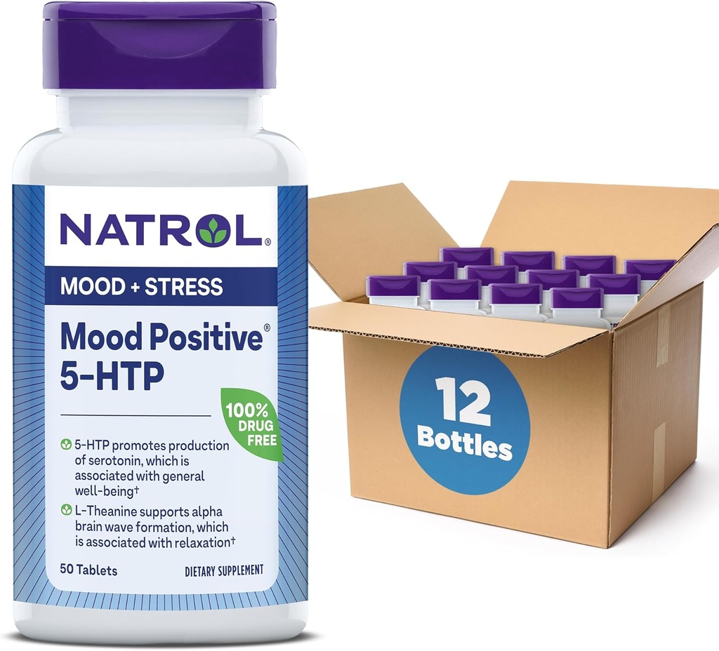 Natrol Mood Positiv 5- HTP 50mg med L- Theanin, vitamin B6, vitamin B12 og folat, Kosttilskud hjælper med at understøtte en positiv mood, 50 tabletter, 25- 50 dages forsyning (pakke med 12)