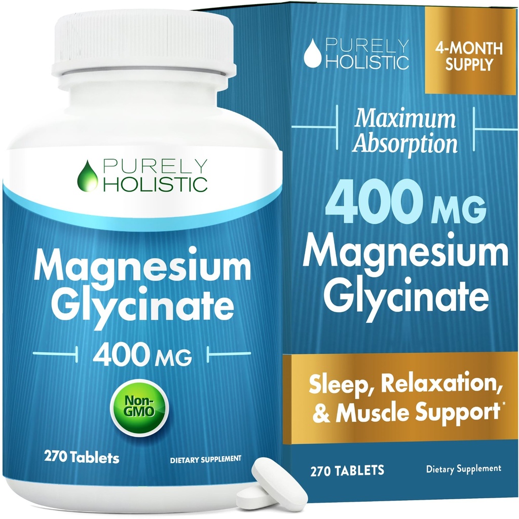 Magnesium Glycinat 400mg - 270 Magnesiumtabletter (ikke kapsler) - 400 mg Elemental Magnesium - Højt biotilgængeligt - Vegan og Vegetar - for forbedret søvn, stress relief & krampe forsvar