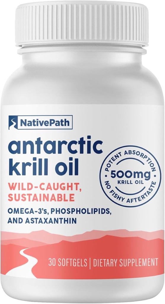 NativePath Wild- Fanget Antarktiske Krill Oil 500mg - Premium Astaxanthin 200mcg Phospholipid- Bound Omega-3 EPA DHA - Pure Formel GMP Certified Third Party Testet - 30 Softgels
