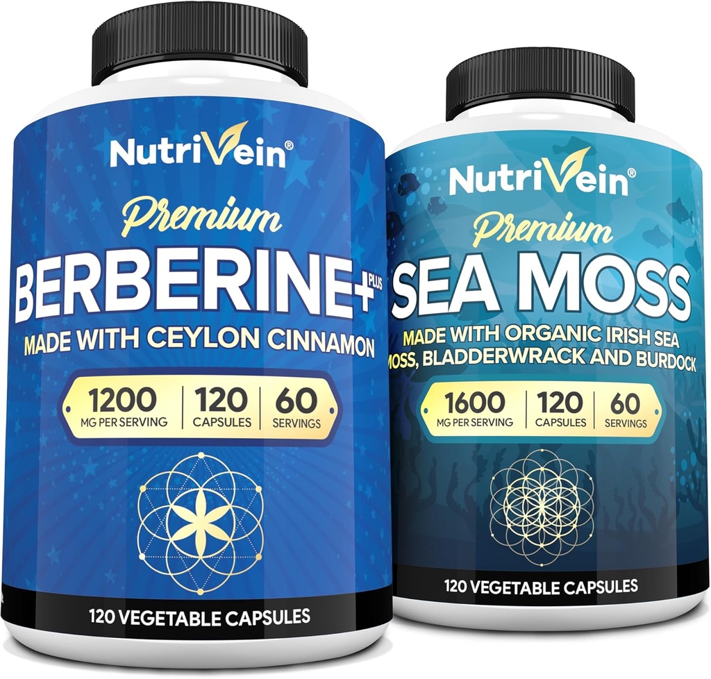 Nutrivein Premium Irish Sea Moss Capsules & Berberine Supplement Bundle: High- Absorption Sea Moss & Berberine Kosttilskud Bundle for fordøjelse, Metabolisme, & Vitality