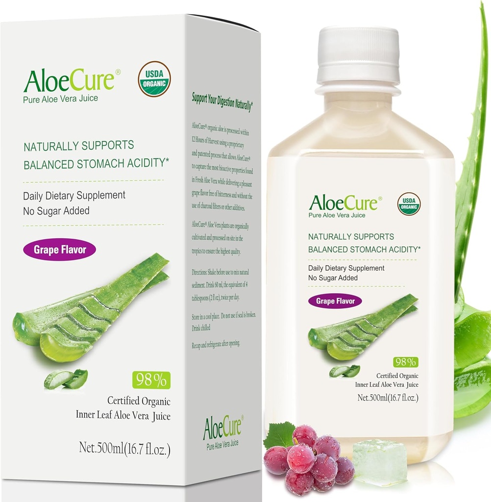 AloeCure USDA Organic Aloe Vera Juice Grape Flavor, Lavet inden for 12 Timer af Høst - Pure Aloe Vera fordøjelsesmiddel & immunsundhed supplement, Hjælper med at opretholde balanceret Mavesyre, 16.7oz Flaske