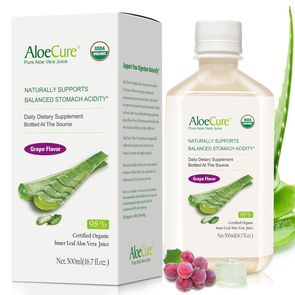 AloeCure USDA Organic Aloe Vera Juice Grape Flavor, Lavet inden for 12 Timer af Høst - Pure Aloe Vera fordøjelsesmiddel & immunsundhed supplement, Hjælper med at opretholde balanceret Mavesyre, 16.7oz Flaske