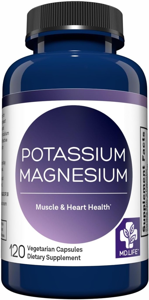 MD. Life Kalium Magnesium Supplement - 120 kapsler - Magnesium Kalium Supplement - High Absorption Complex - Support Vaskulære Sundhed & Ben Cramp