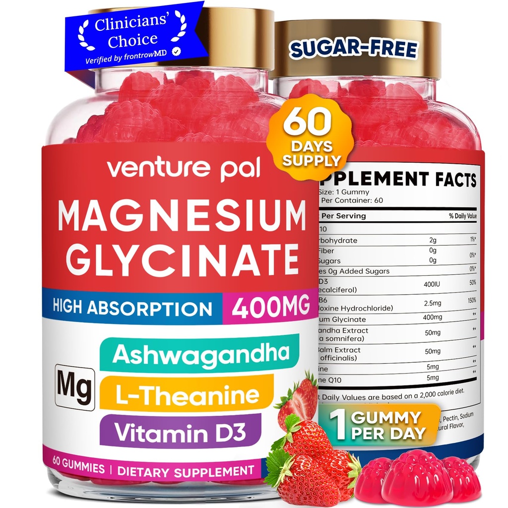 60 Day Supply Magnesium Glycinate 400mg Gummies with Ashwagandha, L-Theanine, CoQ10, Vitamin D3 & B6, Sugar Free Magnesium Gummies for Adults & Kids, Stress Relief, Sleep & Calm, Vegan, Gluten Free