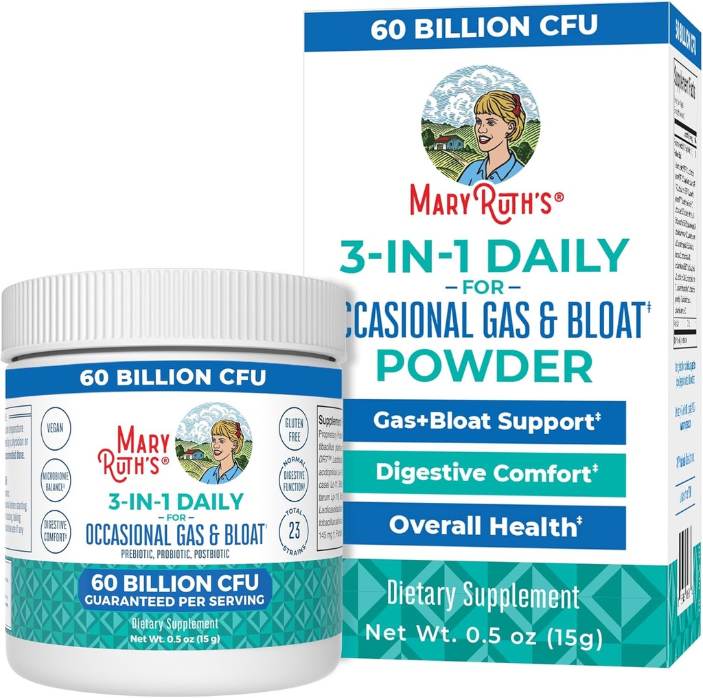 MaryRuth Organics 3-in-1 Gas & Bloat Probiotics | Probiotics for Normal Digestive Function | Probiotics for Women & Men | Prebiotics & Postbiotics | 60 Billion CFU | Shelf Stable | 0.5 oz
