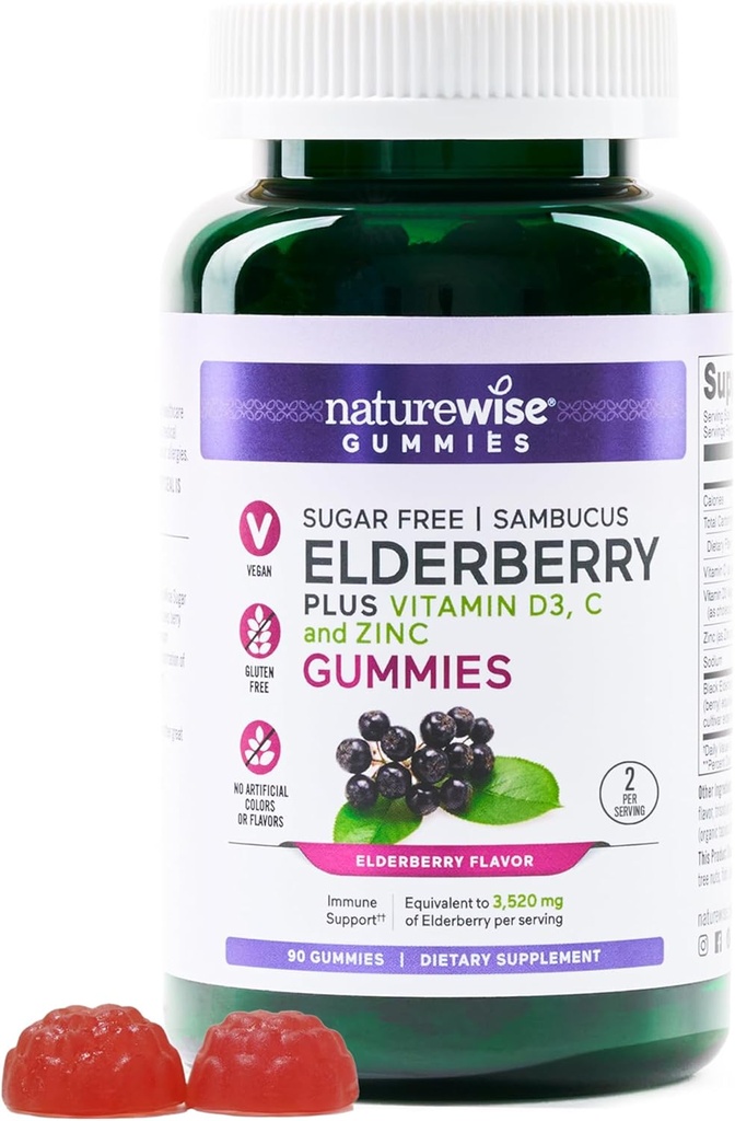 NatureWise Sambucus Elderberry Gummies - Sugar- Free - Daglig immunsupport for børn og voksne *, med C-vitamin, D3, Zink - Vegan, Gluten Free, Non- GMO - 90 Greve [45-Day Supply]