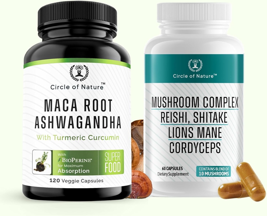 Maca Root Ashwagandha & Mushroom Suppliment Contains Lions Mane, Cordyceps, Reshi, Shitake