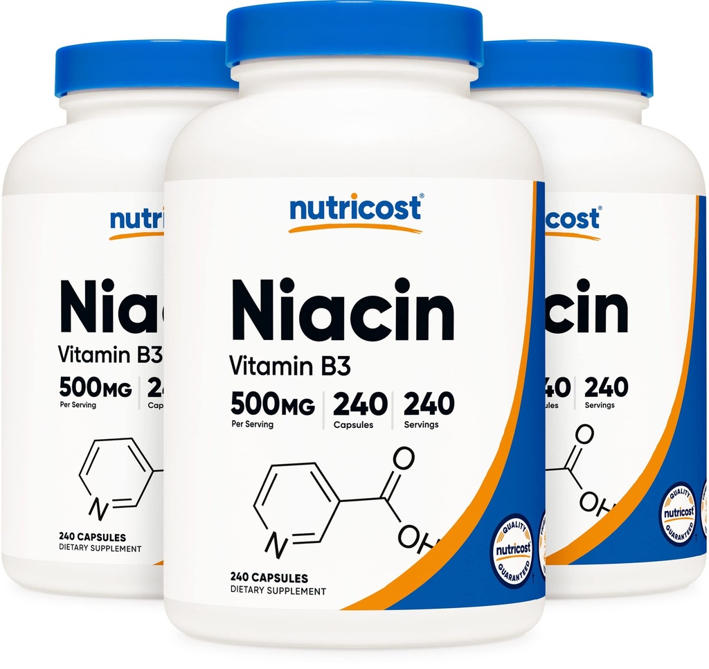 Nutricost Niacin (vitamin B3) 500 mg, 240 kapsler (3 flasker) - Niacin Flush