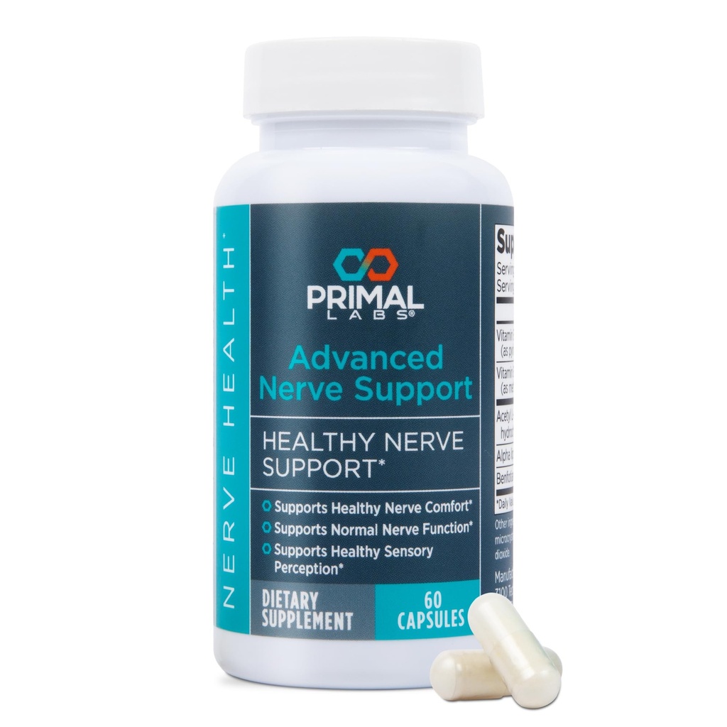 Primal Labs Advanced Nerve Support - Nerve Wellness Supplement med benfotiamin, B6, B12, Alpha Lipoic Acid, Acetyl-L-Carnitin - Nerve Wellness, Feet, Legs, Sensory Function, Comfort - 60 ct.