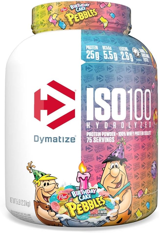 Dymatisere ISO100 Whey Protein Powder Isolate, Fødselsdagskage, 25g protein, 5 Pund, 5,5g BCAA, mindre end 120 Cal., Gluten Free, 1g fedt, 1g sukker, 2g Carb (75 Servere)