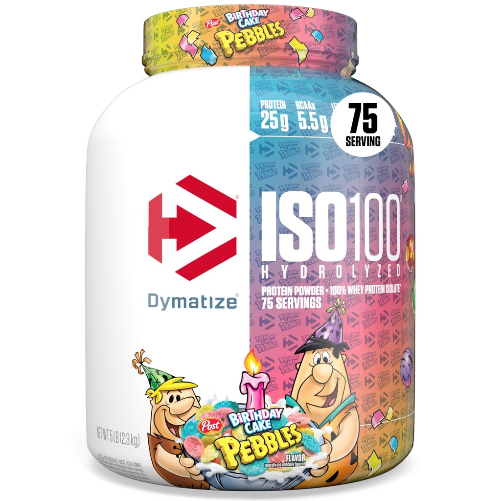 Dymatisere ISO100 Whey Protein Powder Isolate, Fødselsdagskage, 25g protein, 5 Pund, 5,5g BCAA, mindre end 120 Cal., Gluten Free, 1g fedt, 1g sukker, 2g Carb (75 Servere)