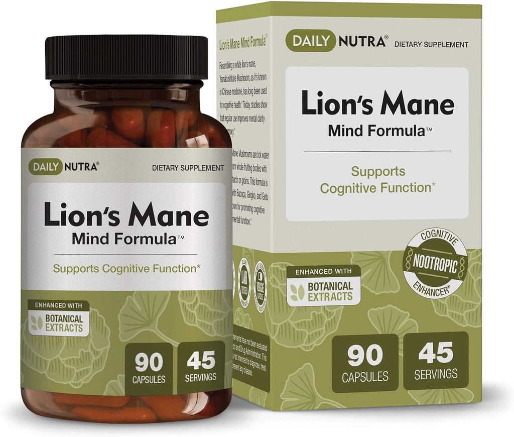 DailyNutra Lion 's Mane Mind Formel - Nootrop Supplement for Cognitive Brain Health Note 124; Organic Mushroom Extract med Bacopa, Gingko, og Gota Kola (90 kapsler)