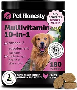 Hund Multivitamin - 10 i 1 Hund vitaminer til sundhed & hjerte - Omega Fish Oil, Glucosamin & Probiotika - Hund vitaminer og kosttilskud til hud og coat (kylling 180 ct)