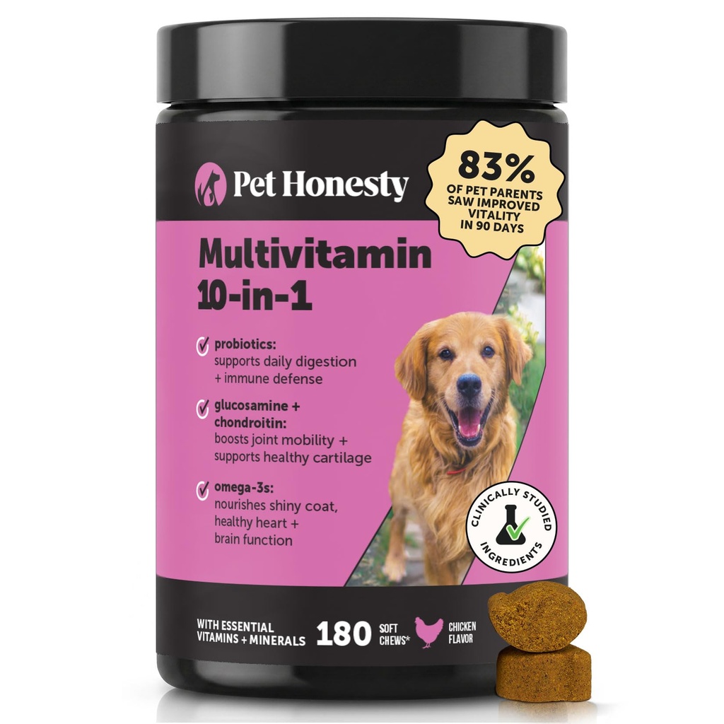 Hund Multivitamin - 10 i 1 Hund vitaminer til sundhed & hjerte - Omega Fish Oil, Glucosamin & Probiotika - Hund vitaminer og kosttilskud til hud og coat (kylling 180 ct)