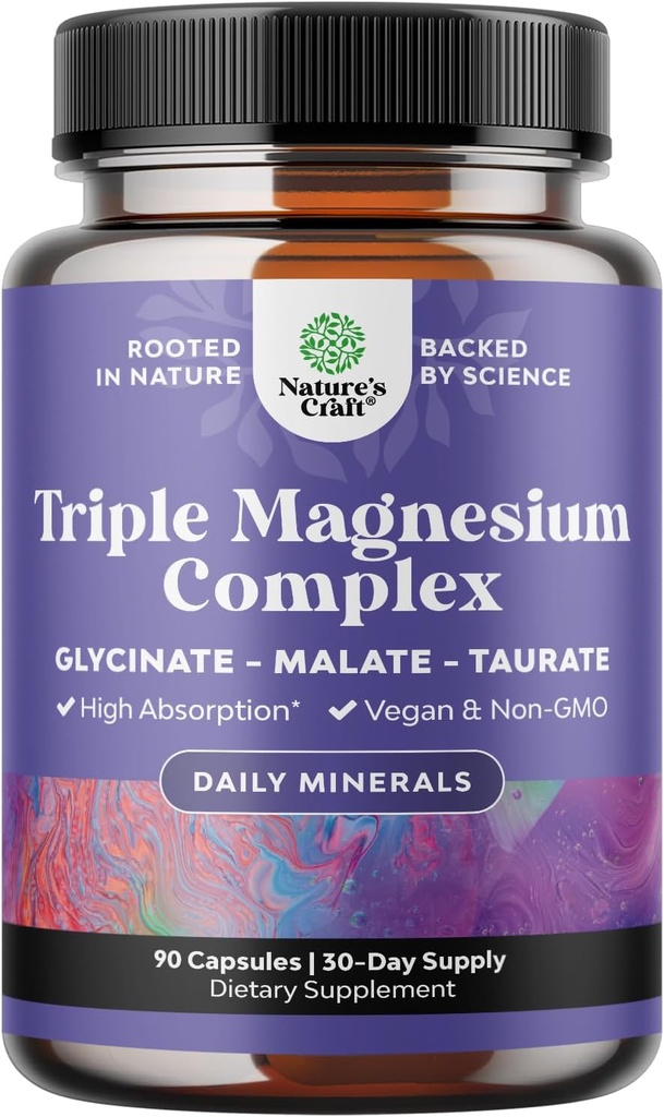 Triple Magnesium Complex supplement Elemental - Høj Absorption Magnesium Taurat og Glycinate Plus Malat Blend til søvn Muskel Knogler og mere - Ikke GMO Vegan 90CT