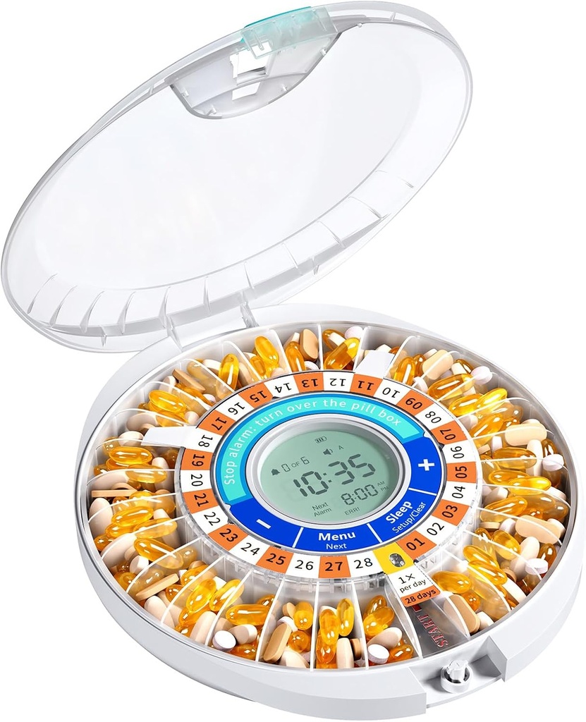 Daviky Automatic Pill Dispenser til ældre med Alarm, 28-dag elektronisk låst pille boks, lyd & lys påmindelser til medikamenter, vitaminer, og kosttilskud