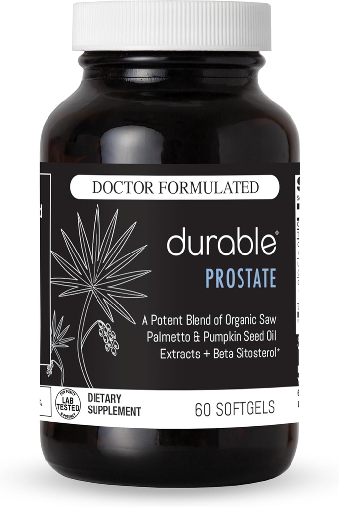 Durable Prostate – Organic USPlus Saw Palmetto + Beta-Sitosterol – Supports Men’s Prostate Health, Bladder Function & Flow– Doctor-Formulated, Made in USA – 30 Day Supply (60 Softgels)