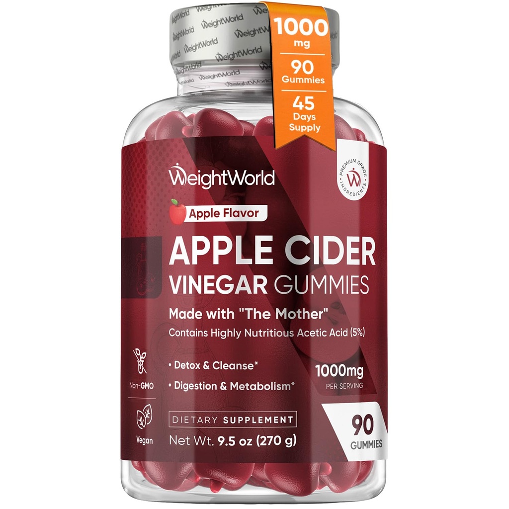 WeightWorld Apple Cider Vinegar Gummies med The Mother 1000mg - 90 Gummies - Tilføjet B6-vitamin, B12, B9 (Folinsyre) & C for Detox, Rense, fordøjelse & Metabolisme - lækker naturlig æble smag