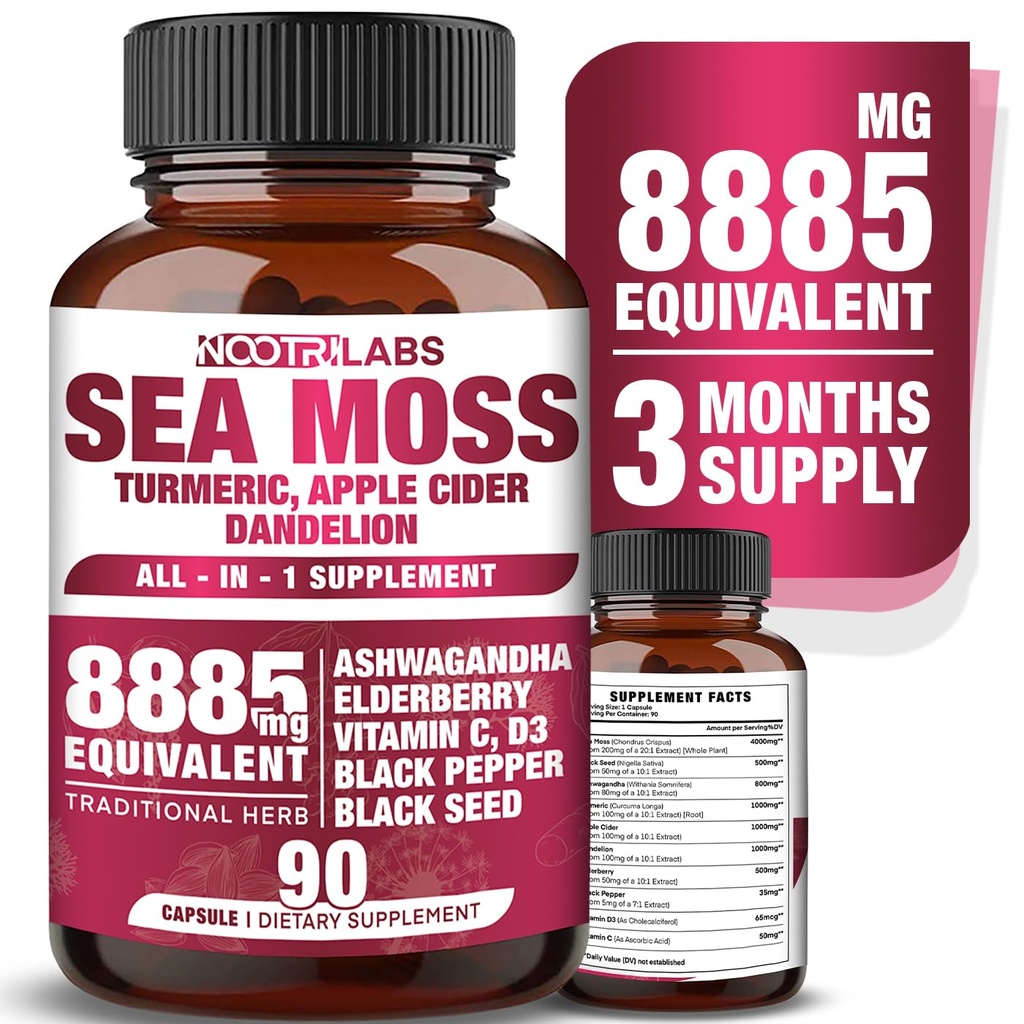 All- in-1 8885mg Højeste potens Sea Moss, Black Seed, Ashwagandha, Gurkemeje, Apple Cider Vincior, Mælkebøtte med Elderberry, C-vitamin & D3 - immunforsvar, energistøtte supplement - 90 Veganske kapsler