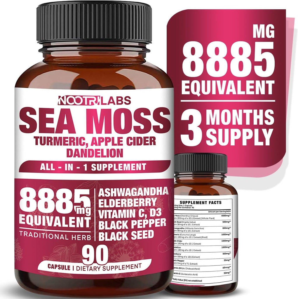 All-in-1 8885mg Highest Potency Sea Moss, Black Seed, Ashwagandha, Turmeric, Apple Cider Vinegar, Dandelion with Elderberry, Vitamin C & D3 - Immune, Energy Support Supplement - 90 Vegan Capsules