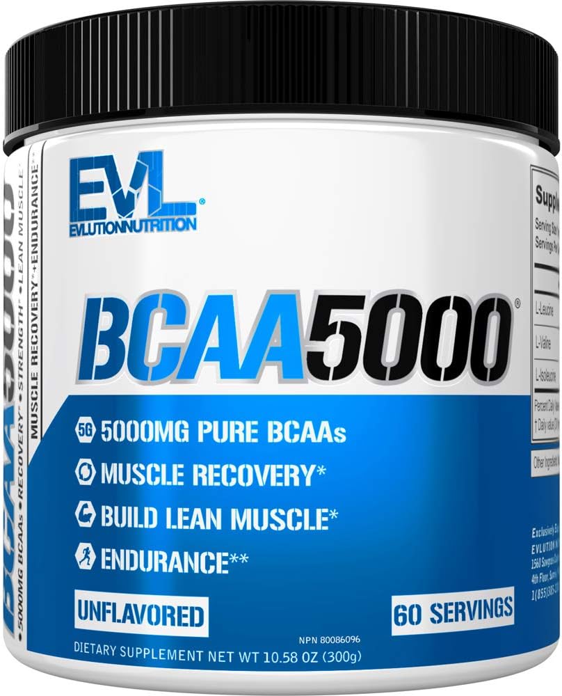 Evolution EVL BCAAs Aminosyrer Pulver - BCAA Powder Post Workout Recovery Drink and Stim Free Pre Workout Energy Drink Powder - 5g forgrenet kæde Aminosyrer Supplement for mænd - Unflavored Powder