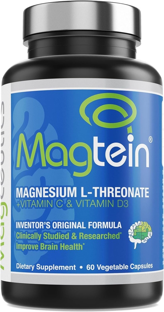 Magtein - Magnesium L- treonat supplement, hukommelse, fokus, søvn & hjerne sundhed formel for mænd og kvinder, kognitiv støtte til voksne, klinisk forsket - 60 Veg kapsler