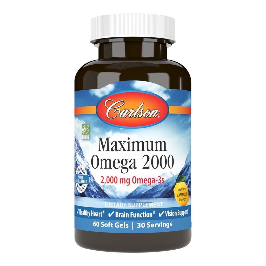 Carlson - Maksimum Omega 2000, 2000 mg Omega-3 fedtsyrer inkl. EPA og DHA, Wild- Caught, Norwegian Fish Oil Supplement, Sustainable Sourced Fish Oil Capsules, Lemon, 60 Softgels