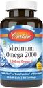 Carlson - Maksimum Omega 2000, 2000 mg Omega-3 fedtsyrer inkl. EPA og DHA, Wild- Caught, Norwegian Fish Oil Supplement, Sustainable Sourced Fish Oil Capsules, Lemon, 60 Softgels
