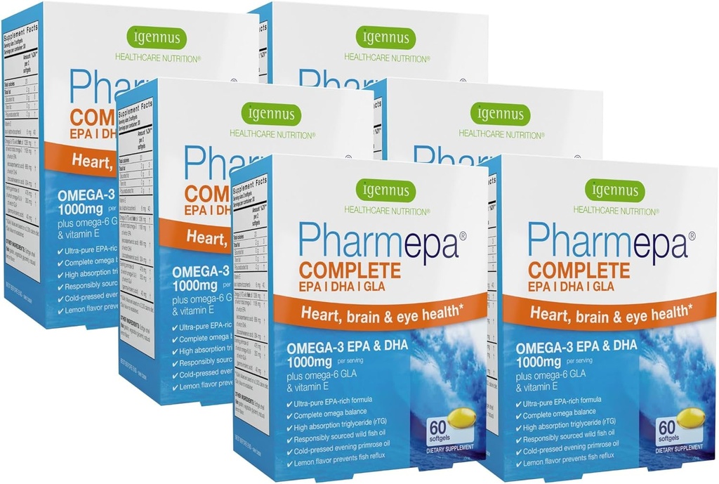 Igennus Pharmepa Complete EPA 668mg & DHA 334mg Omega-3 Fedtsyrer 1000mg, IFOS Certificeret, rTG Form, High Potency Fish Oil Plus Omega- 6 & 9 fra GLA Evening Primrose Oil, Lemon Flavor, 360 Softgels