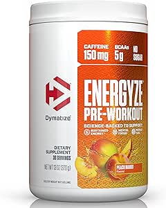 Dymatize Energize Pre Workout Pulver til mænd og kvinder, Peach Mango, 150mg Koffein, 5g BCAA, Performance Blend af L- Theanine, L- Tyrosine, L- Citrullin, Ingen sukker (30 Servere)