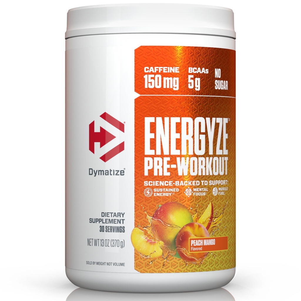 Dymatize Energize Pre Workout Pulver til mænd og kvinder, Peach Mango, 150mg Koffein, 5g BCAA, Performance Blend af L- Theanine, L- Tyrosine, L- Citrullin, Ingen sukker (30 Servere)