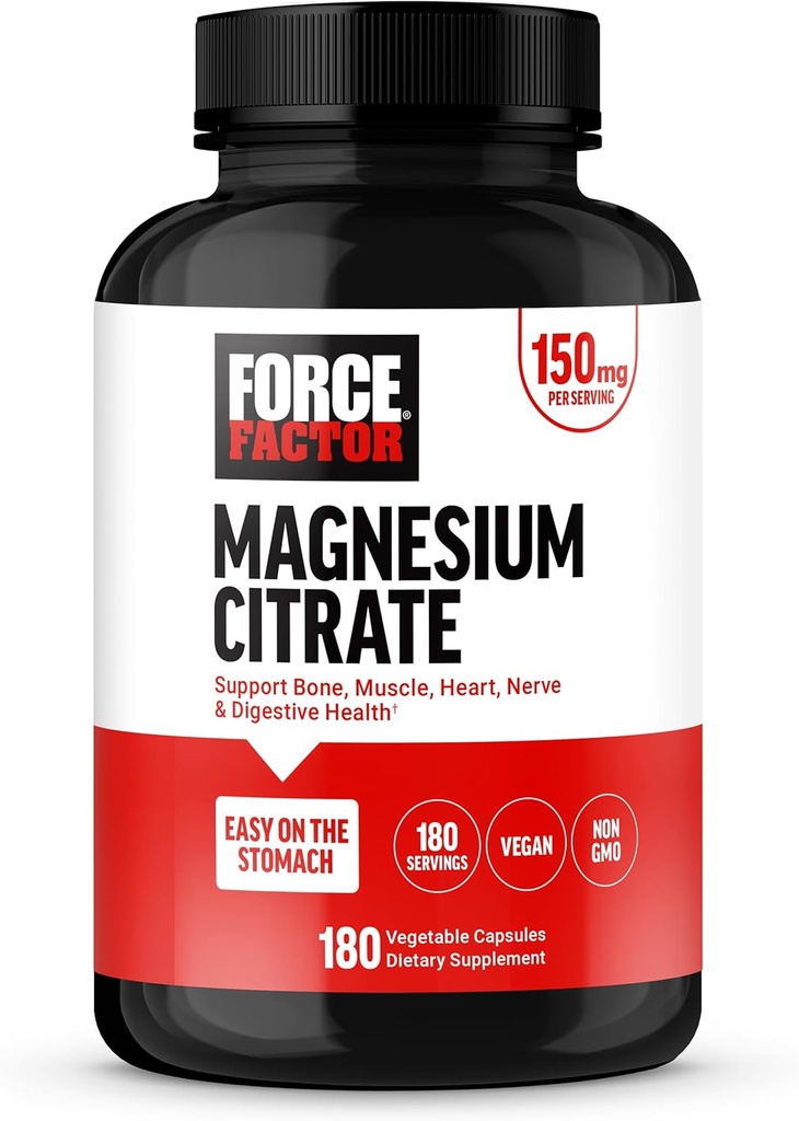 Force Factor Magnesium Citrate, Magnesium Supplement for Women and Men to Support Bone, Muscle, Nerve, Digestion, and Heart Health, Easy on The Stomach, Vegan, 6-Month Supply, 180 Capsules