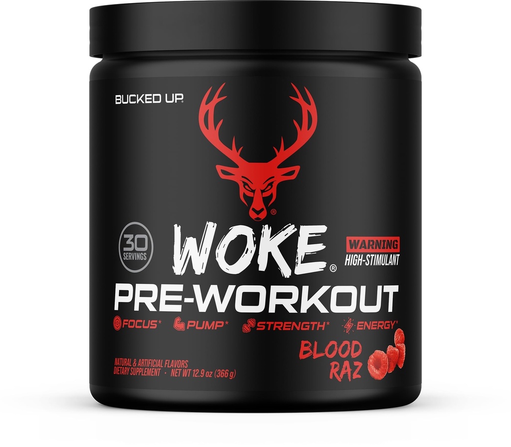 Bucked Up - Woke - HØJT STIM Pre Workout - Bedste smag - Focus Nootrop, Pump, Styrke og vækst, 30 Servere (Blood Raz)