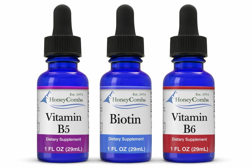 HoneyCombs flydende dråber 1oz hver spare 10% - vitamin B7 (biotin) + vitamin B5 (pantothensyre) + vitamin B6 (Pyridoxin)