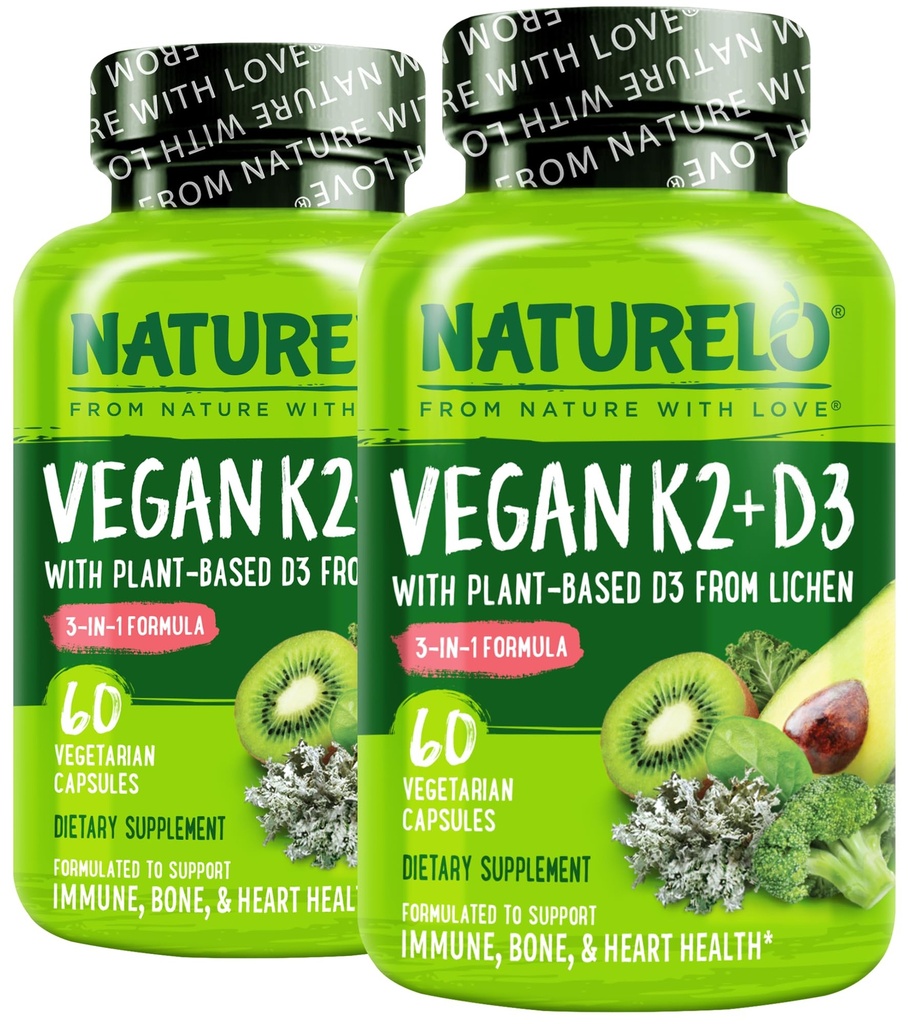 NATURELO-vitamin D3 K2 - Vegan K2 + D3 med Plant Based D3 fra Lichen - Natural D3 Supplement for immunsystem, Knoglestøtte, Hjertesundhed - Hele fødevarer - Non- GMO - Gluten Free, 60 kapsler (pakke med 2)