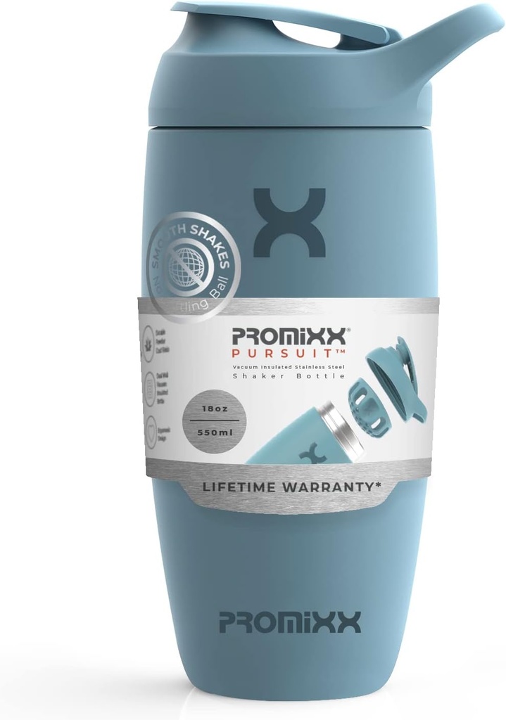 Promix Pursuit Shaker Flaske Isoleret rustfrit stål Vandflaske og shaker Cup, 18oz, Ocean Calm Blue